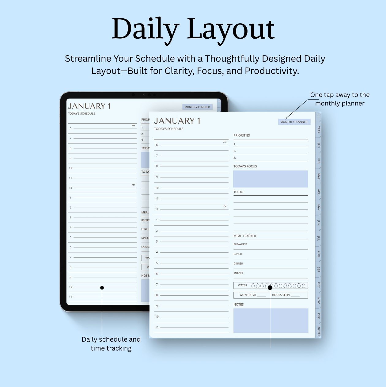 Daily schedule and time tracking planner with monthly planner on a light blue background